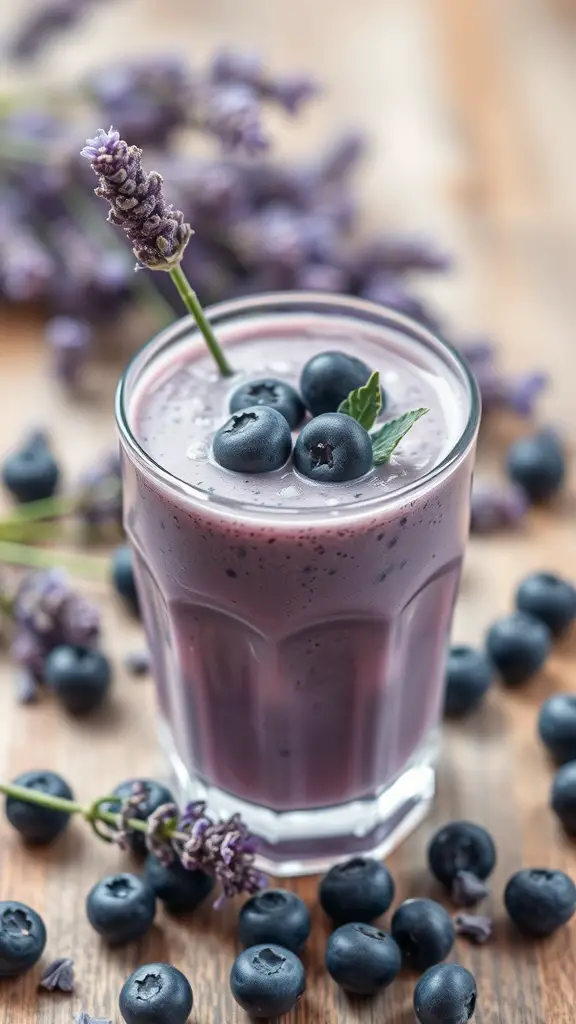 A glass of lavender blueberry smoothie garnished with blueberries and lavender sprig, surrounded by fresh blueberries and lavender flowers.
