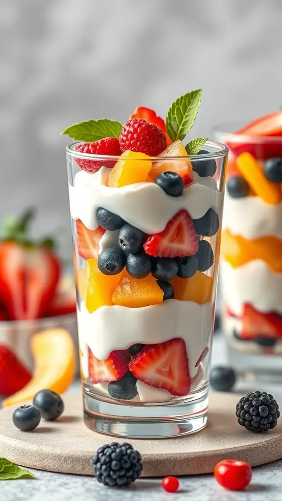 Colorful fruit and yogurt parfaits in glasses, layered with yogurt, strawberries, blueberries, and peaches, garnished with mint leaves.