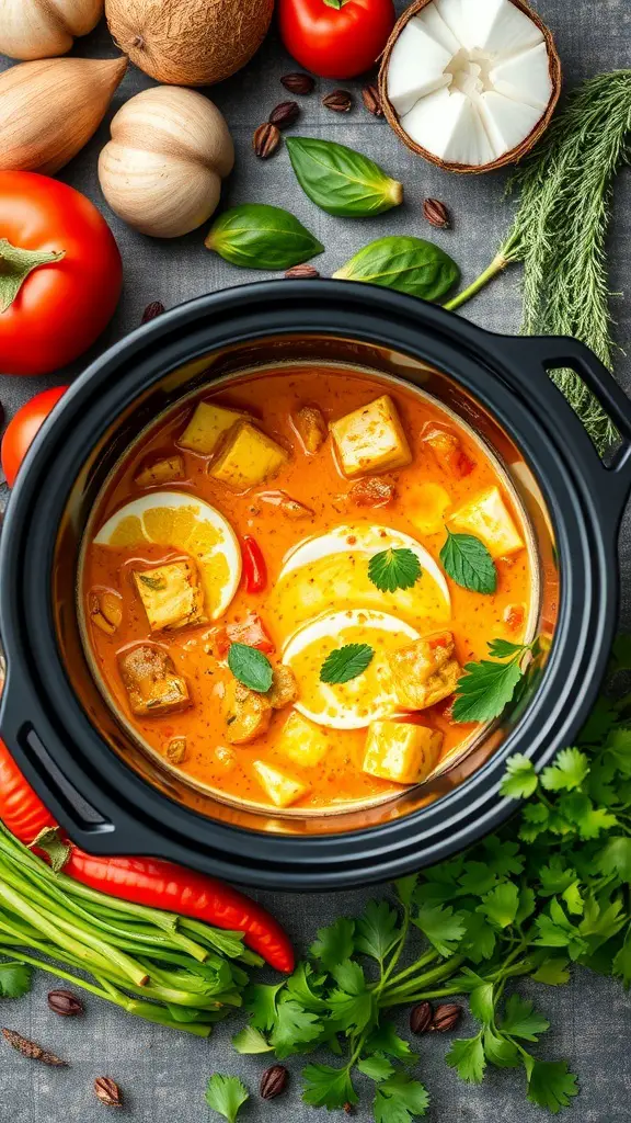 A slow cooker filled with vegetable curry featuring coconut milk, surrounded by fresh vegetables and herbs.