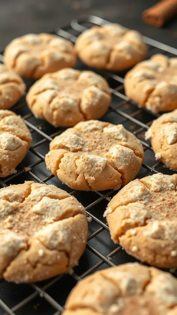 Freshly baked snickerdoodle cookies on a cooling rack, dusted with cinnamon sugar.