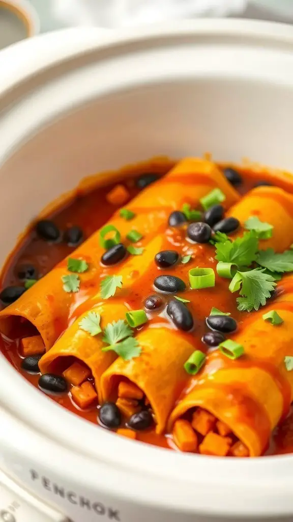 A close-up of sweet potato and black bean enchiladas in a crockpot, topped with cilantro and green onions.