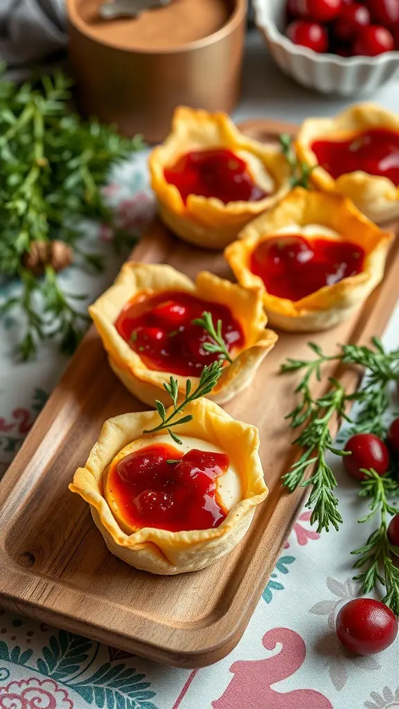 A wooden platter with cranberry brie bites topped with cranberry sauce and garnished with herbs.