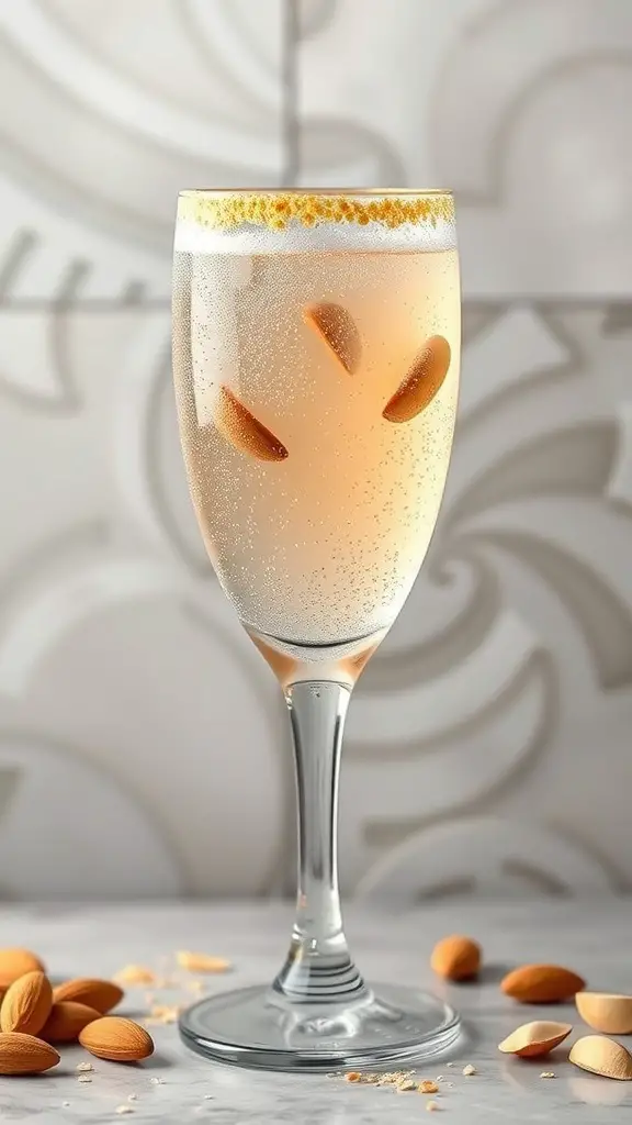 A glass of Vanilla Almond Fizz garnished with almonds and sugar rim, placed on a marble surface.