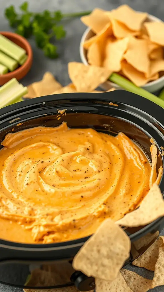 A slow cooker filled with creamy Buffalo Chicken Dip, surrounded by tortilla chips and celery sticks.