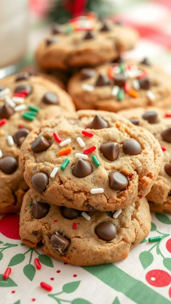 A stack of chocolate chip cookies topped with holiday sprinkles on a festive tablecloth.