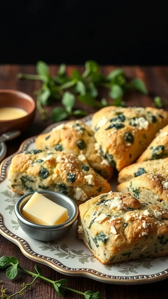 Cheesy spinach and feta scones on a decorative plate with butter and herbs
