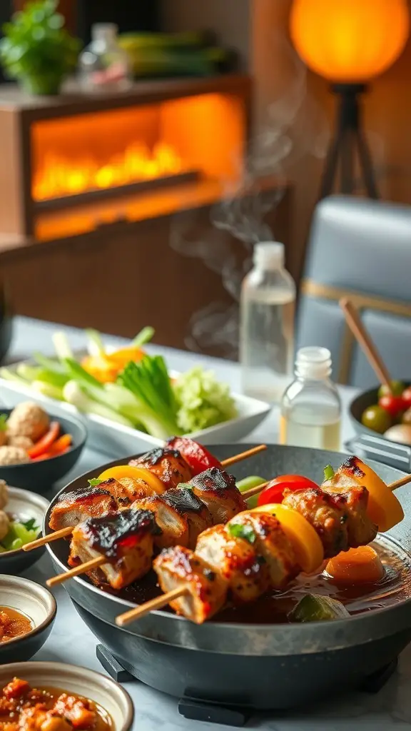 A delicious spread of spicy Asian style oil fondue with skewers of grilled meat and vegetables.