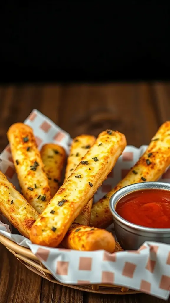 A basket of cheesy garlic breadsticks with a side of marinara sauce.