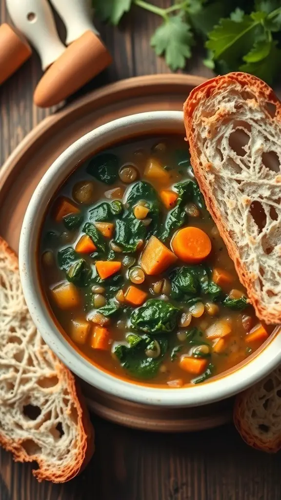 A bowl of lentil soup with spinach and carrots, served with slices of bread on the side.