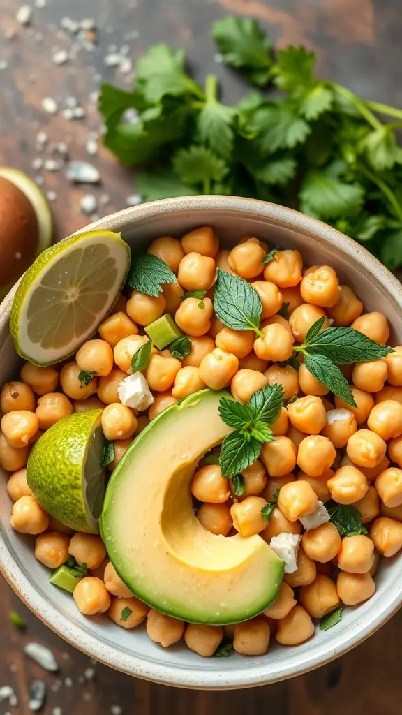 A bowl of chickpea and avocado salad with lime and fresh herbs.