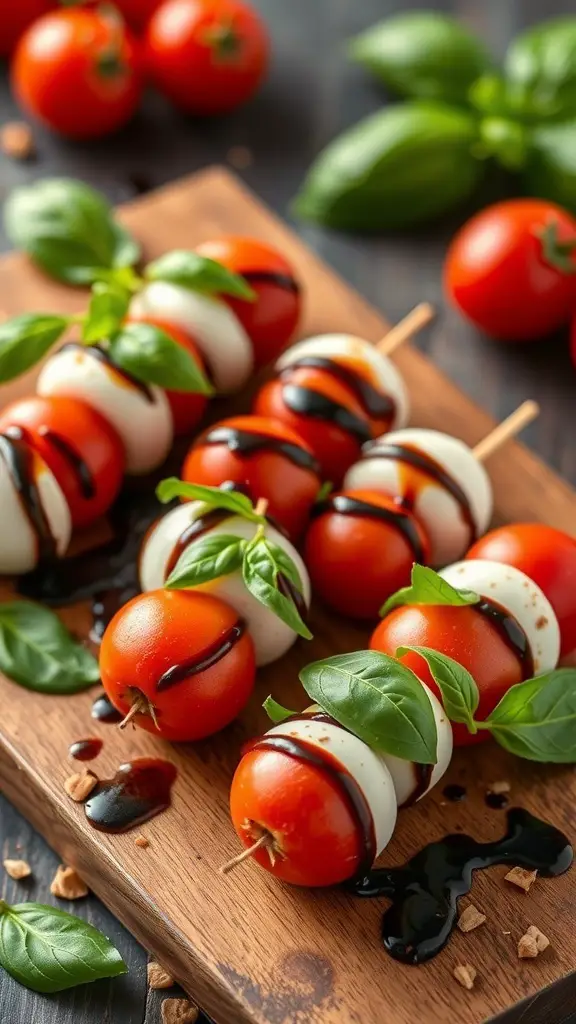 Mini Caprese skewers with cherry tomatoes, mozzarella balls, and basil on a wooden board, drizzled with balsamic glaze.