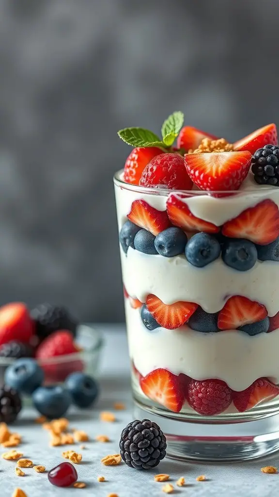 A delicious Greek yogurt parfait layered with strawberries, blueberries, and blackberries, topped with mint leaves.