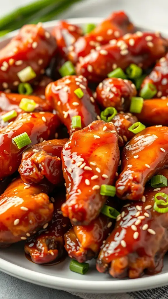 A plate of sweet and spicy chicken wings garnished with green onions and sesame seeds.