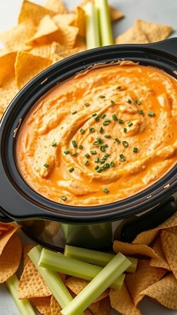A bowl of buffalo chicken dip surrounded by tortilla chips and celery sticks.