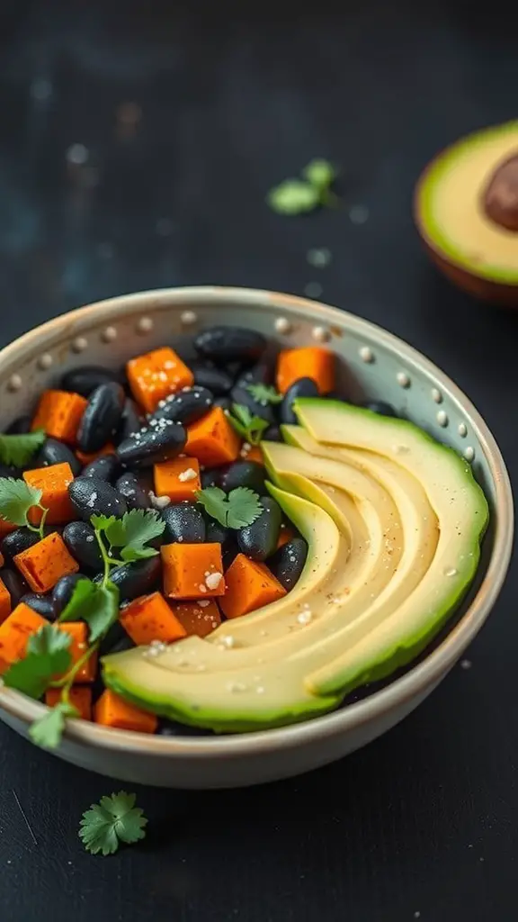 A bowl filled with roasted sweet potatoes, black beans, avocado slices, and cilantro.