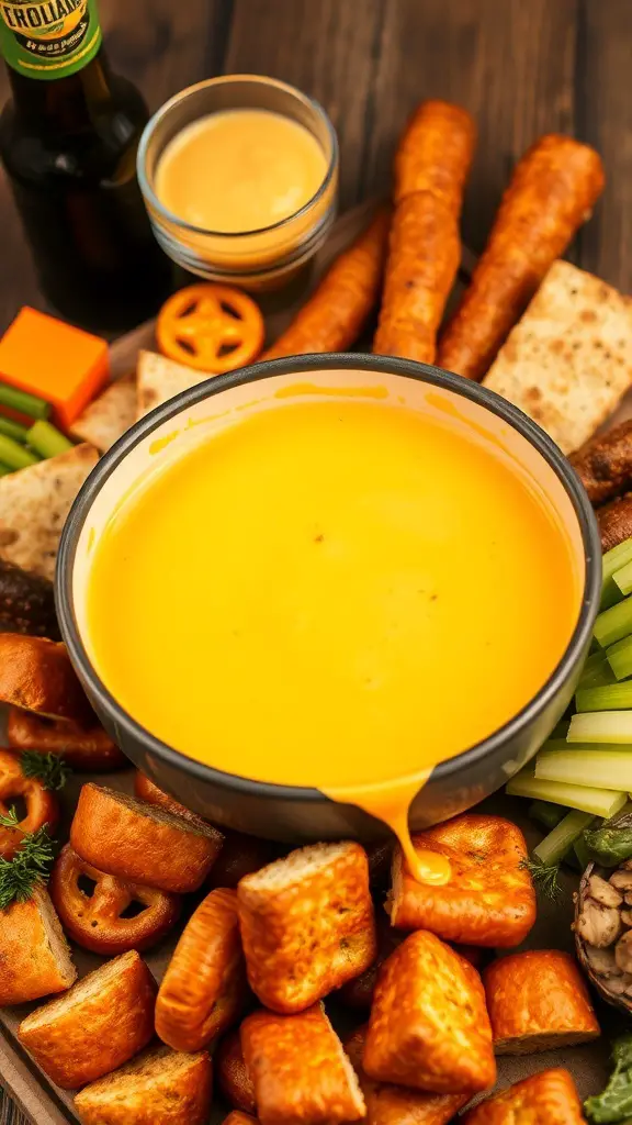 A bowl of beer and cheddar fondue surrounded by pretzel bites, celery sticks, and crackers.