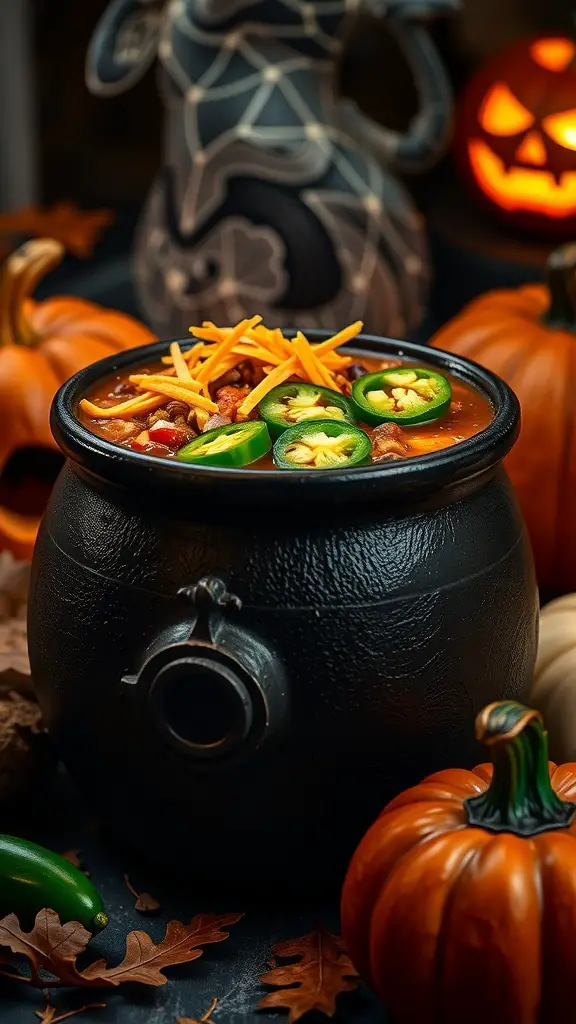 A black cauldron filled with chili, topped with cheese and jalapeños, surrounded by pumpkins and Halloween decorations.