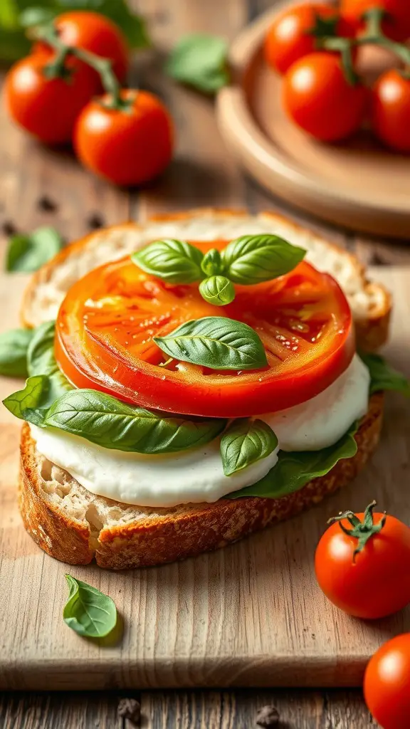 A Caprese sandwich with vegan mozzarella, fresh tomatoes, and basil on toasted bread.