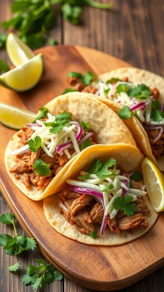 Three spicy pulled pork tacos on a wooden platter with lime wedges and cilantro.