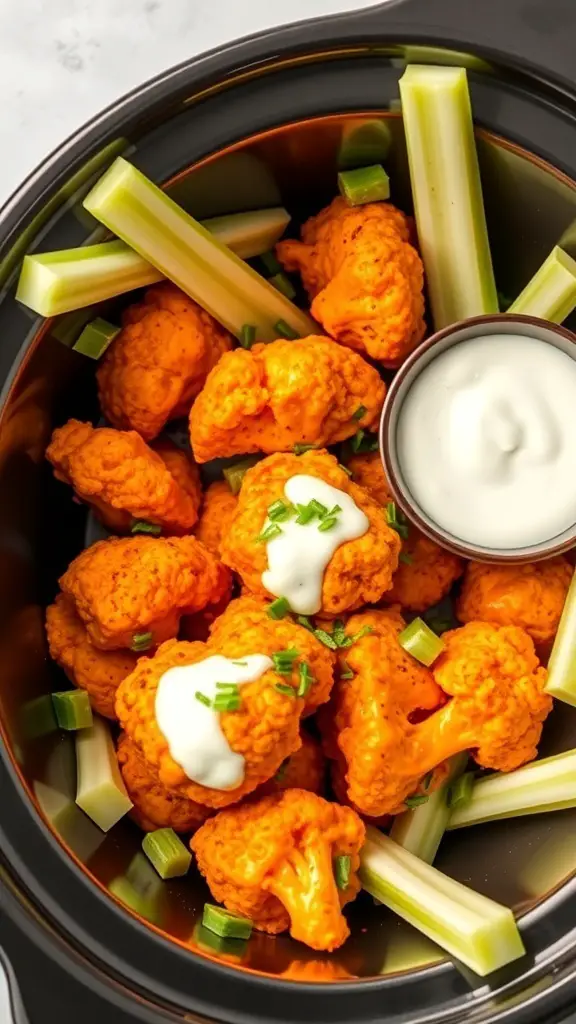 Crockpot buffalo cauliflower bites served with celery sticks and dipping sauce