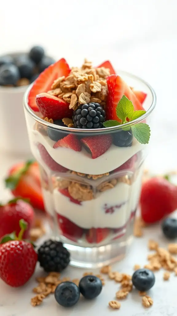 A colorful fruit and yogurt parfait in a glass, layered with strawberries, blueberries, blackberries, and granola.