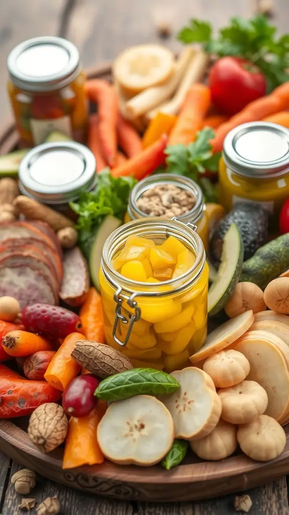 A charcuterie board featuring jars of pickled vegetables, fresh fruits, and assorted snacks.