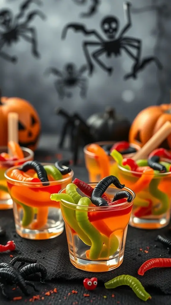 Creepy Crawly Jello Cups with gummy worms on a Halloween-themed table
