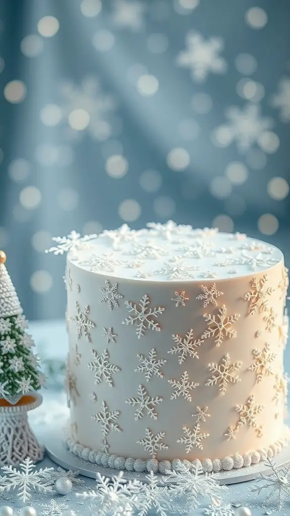 A beautifully decorated winter wonderland cake with snowflake decorations.