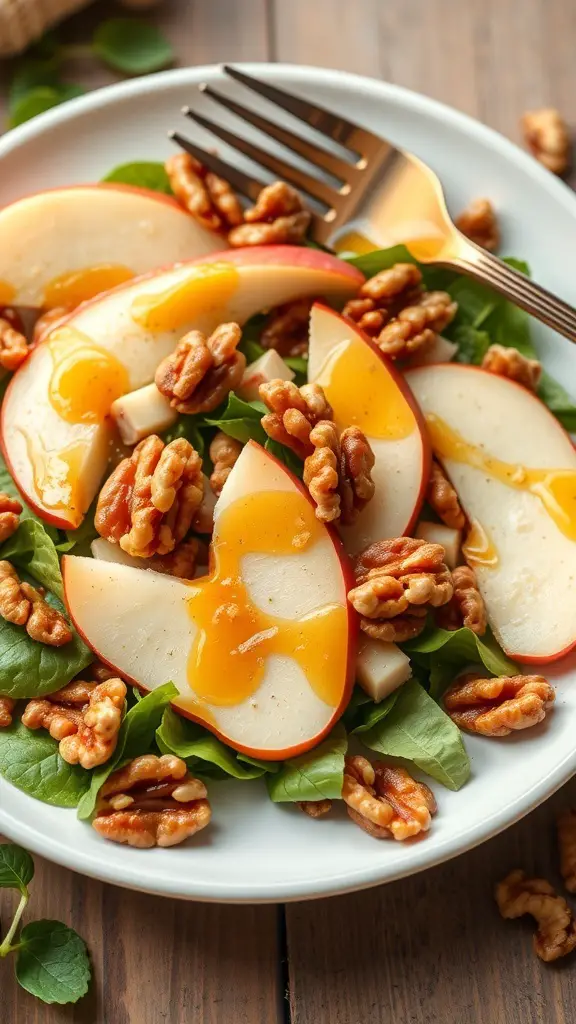A fresh Apple and Walnut Salad with honey dressing on a white plate.