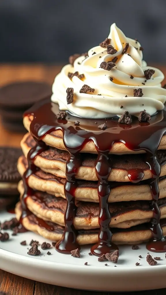 A stack of Oreo pancakes topped with whipped cream and chocolate drizzle.