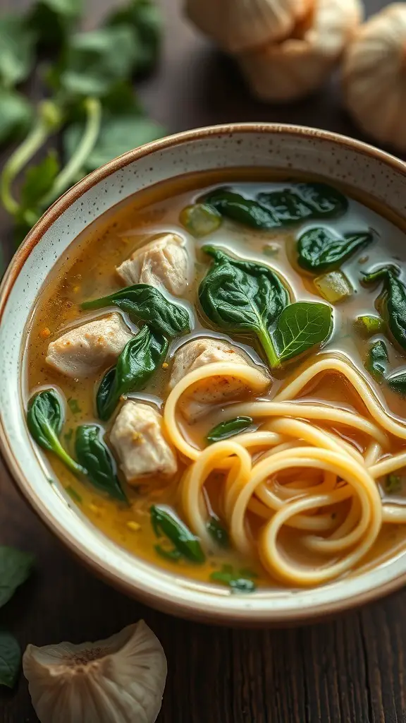 A bowl of garlic chicken soup with spinach and noodles, garnished with fresh herbs.