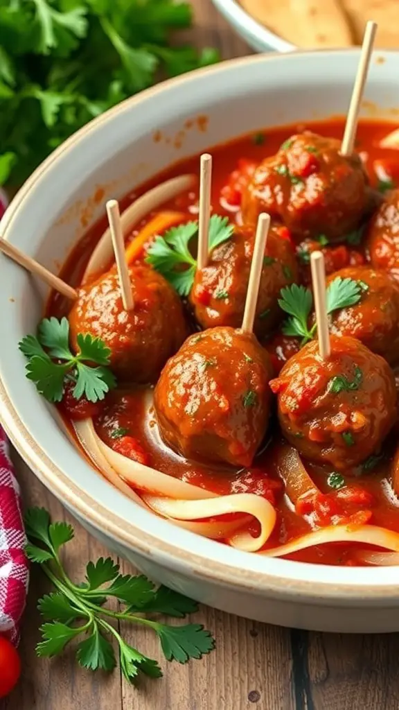 A bowl of meatballs in marinara sauce with parsley and toothpicks for serving.