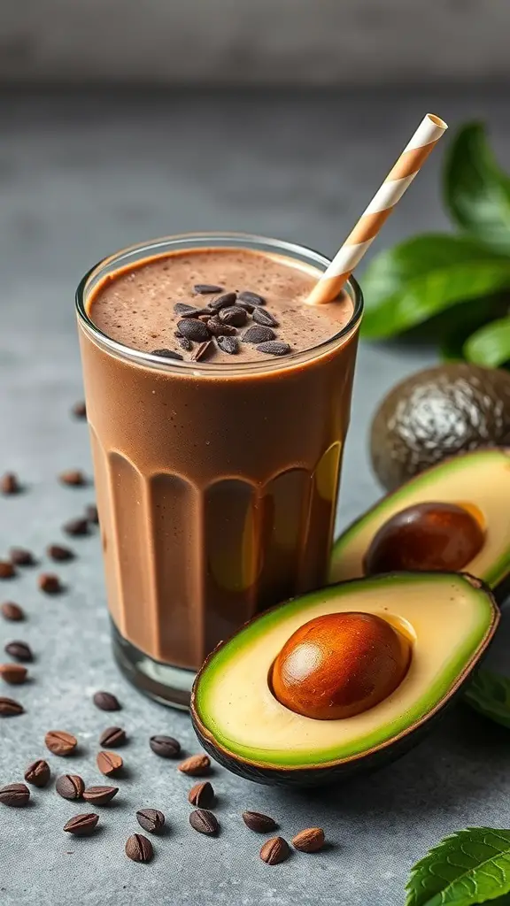 A chocolate avocado protein shake in a glass with a straw, surrounded by avocado halves and coffee beans.