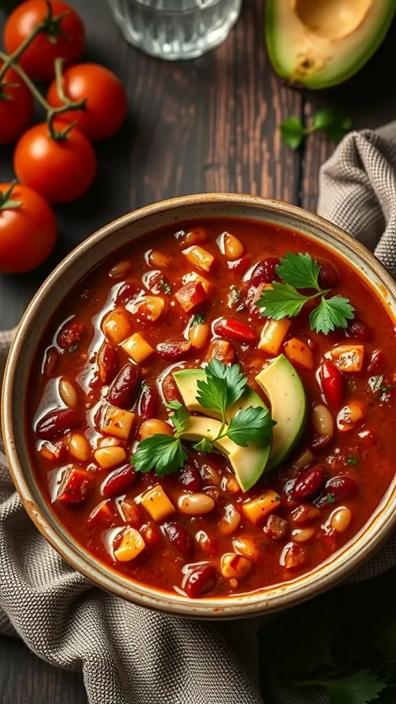 A bowl of vegan chili with beans, corn, and avocado, surrounded by fresh tomatoes.