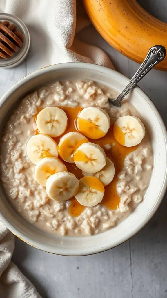 A bowl of smooth banana oatmeal topped with banana slices and honey, with a banana in the background.