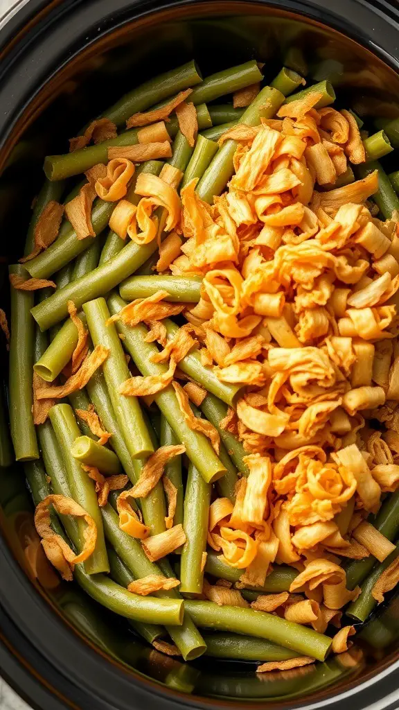 A close-up of green beans and crispy fried onions in a slow cooker, ready to be made into green bean casserole.