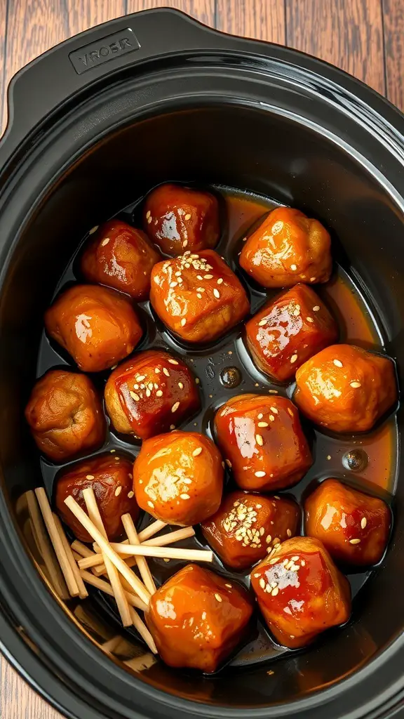 A crockpot filled with sweet and sour meatballs, garnished with sesame seeds and chopsticks.