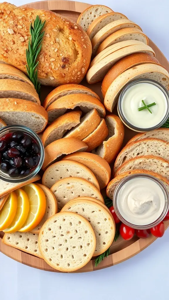 A wooden platter filled with assorted breads, crackers, olives, lemon slices, and creamy dips.