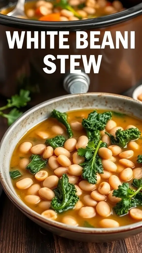 A bowl of Tuscan White Bean and Kale Stew with white beans, kale, and a rich broth.