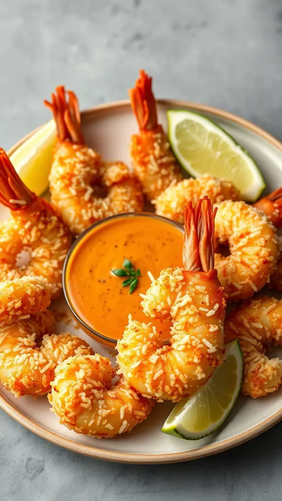 A plate of crispy coconut shrimp served with a dipping sauce and lime wedges.