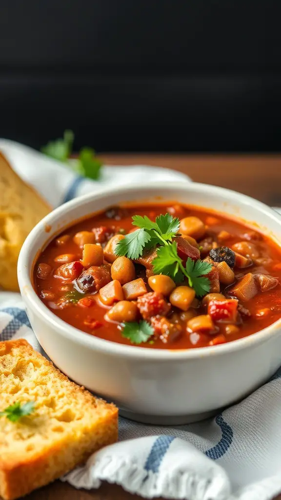 A bowl of chili topped with cilantro and a slice of cornbread on the side.