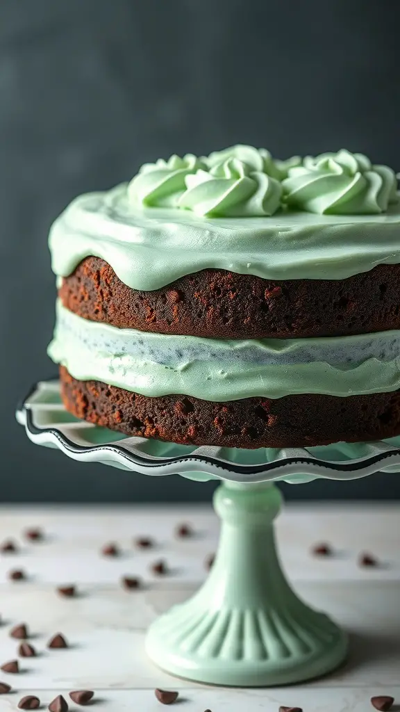 A delicious Chocolate Mint Cake with mint frosting and chocolate chips