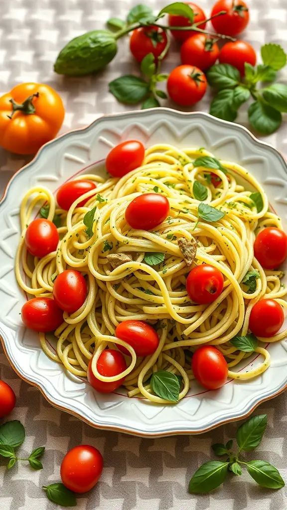 A plate of zucchini noodle salad with pesto, garnished with cherry tomatoes and basil.
