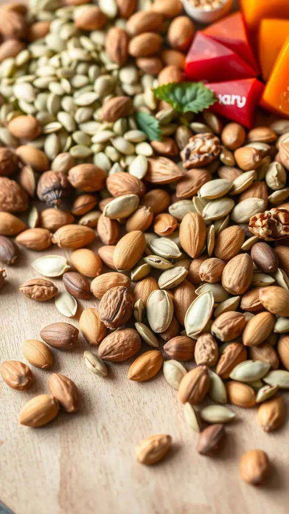 A variety of nuts and seeds arranged on a wooden surface, showcasing almonds, pumpkin seeds, and other mixed nuts.