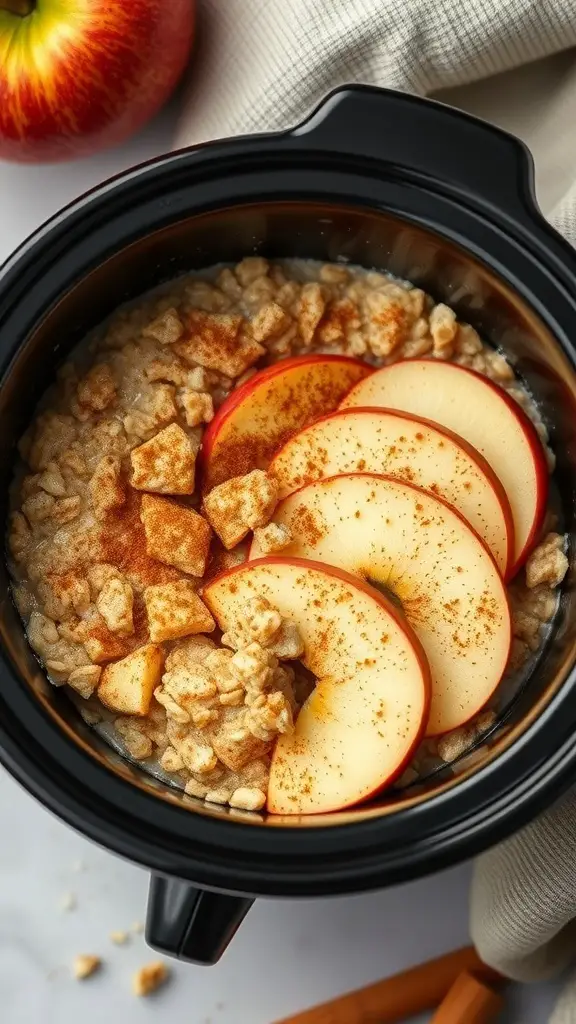 A mini crockpot filled with apple cinnamon oatmeal, topped with apple slices and cinnamon.