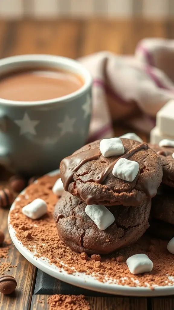 A plate of hot chocolate cookies with mini marshmallows, next to a cup of hot chocolate.