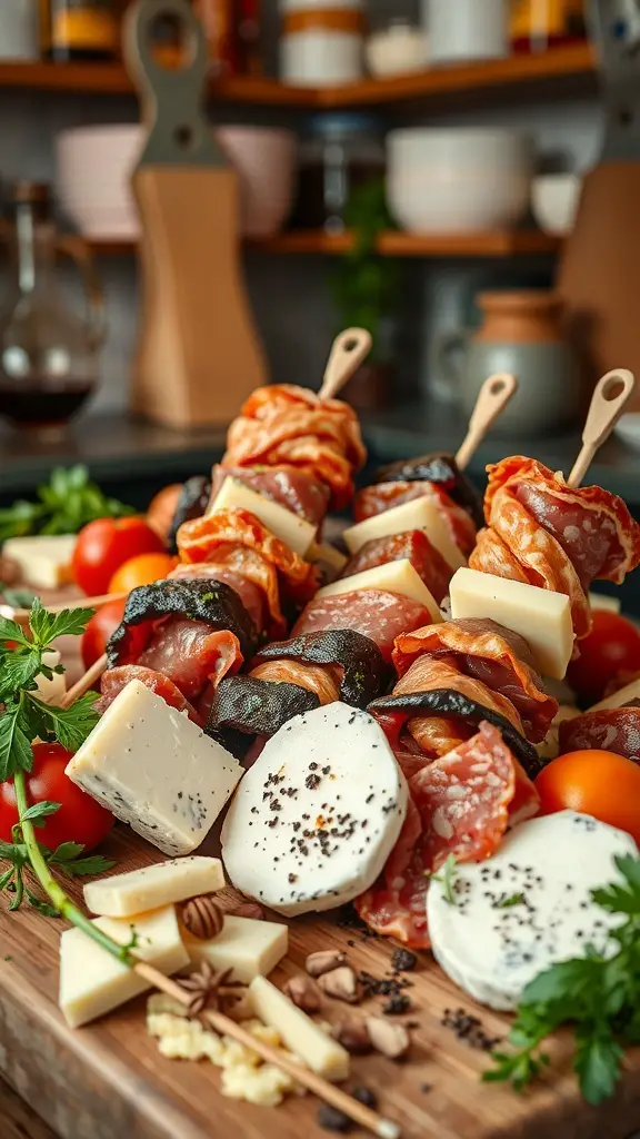 A colorful display of charcuterie skewers with meats, cheeses, and cherry tomatoes.