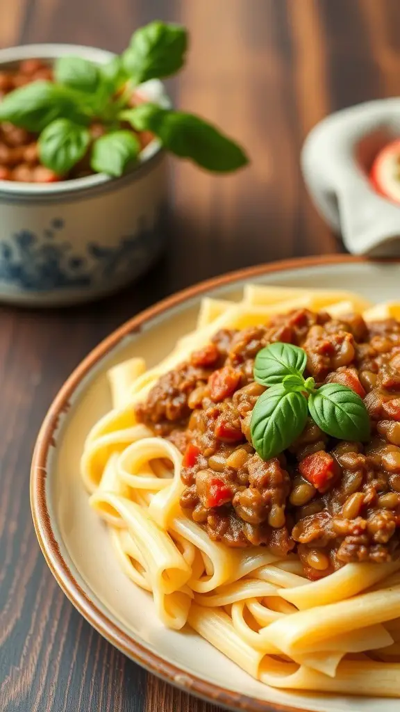 A plate of vegan bolognese with lentils served over pasta, garnished with fresh basil.