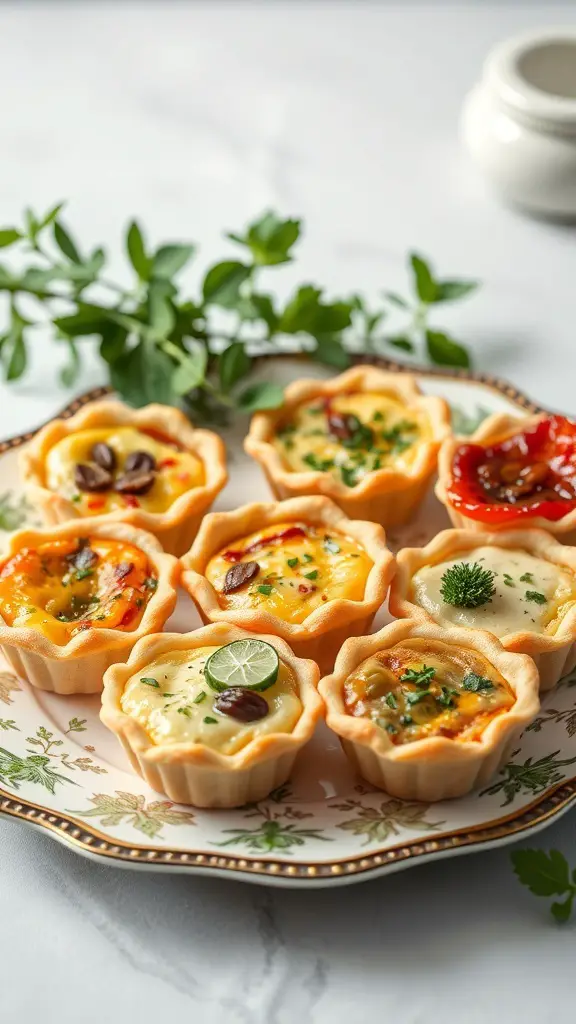 A platter of mini quiches with assorted fillings, garnished with herbs.