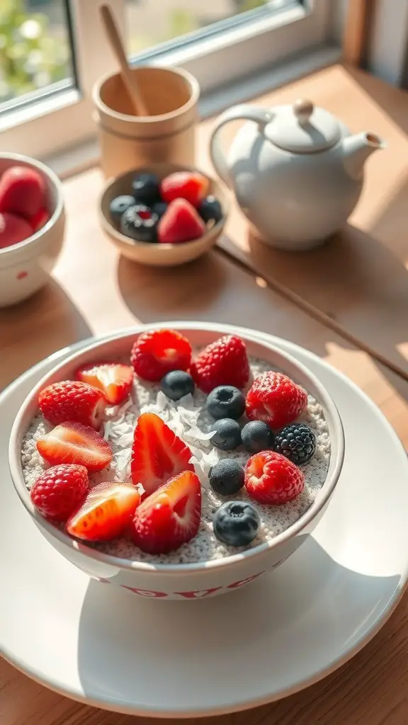 A bowl of chia seed pudding topped with strawberries, blueberries, and raspberries, with additional berries and a teapot in the background.